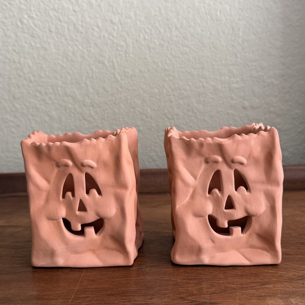 2 Vintage Halloween Ceramic "Luminaria Bag" Votive Holders 4" High